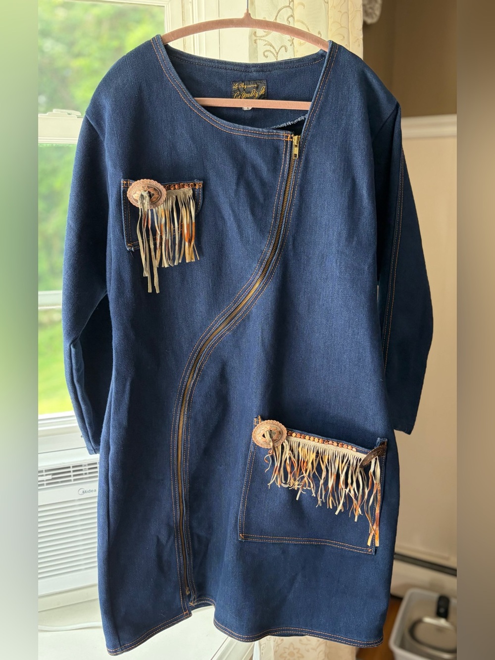 🎉HP🎉 Rare 70s Le Roy Couture Asymmetric Denim Fringe Dress Sz L Western Boho EUC - Picture 1 of 6